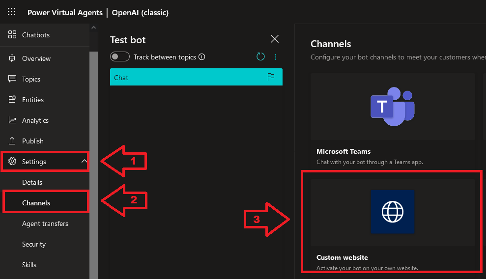 Go to settings, then channels, and then custom website on Power Virtual Agents
