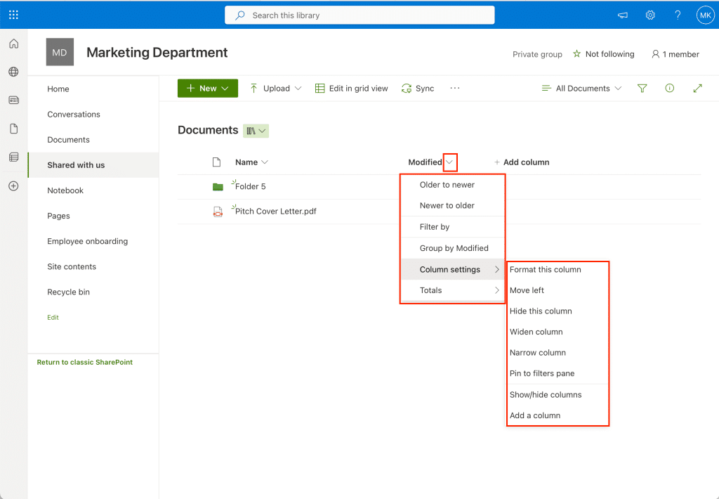 Sorting and filtering documents in dcoument library