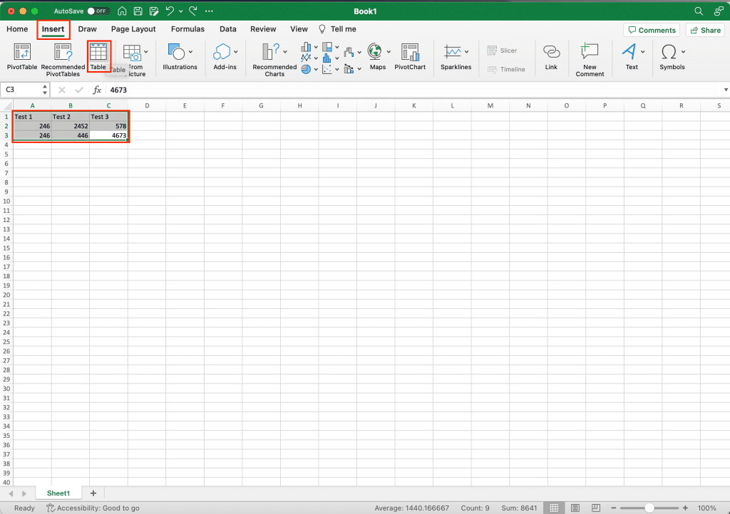 Format your excel file into a table