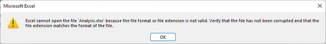 Excel cannot open the file because the file format or file extension is not valid