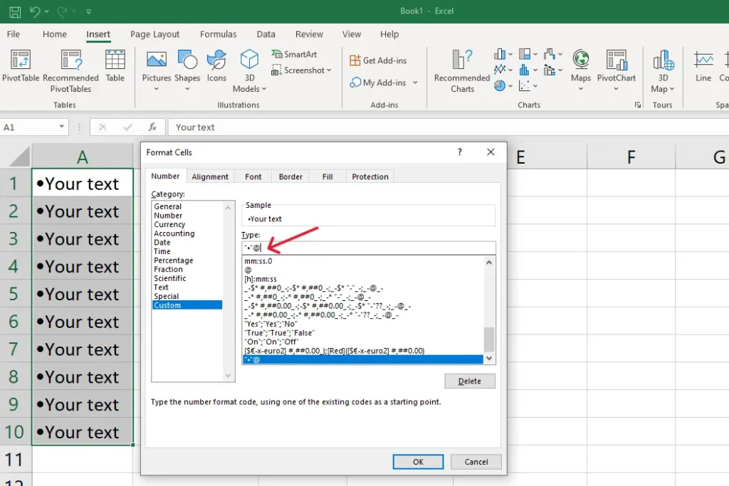 using the CHAR function to add bullet points in excel