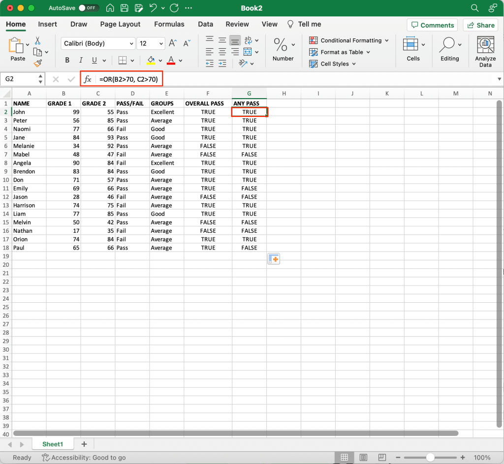 OR function example in Excel