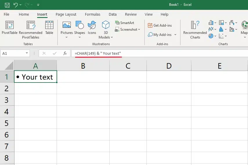 using excel functions to insert bullet points