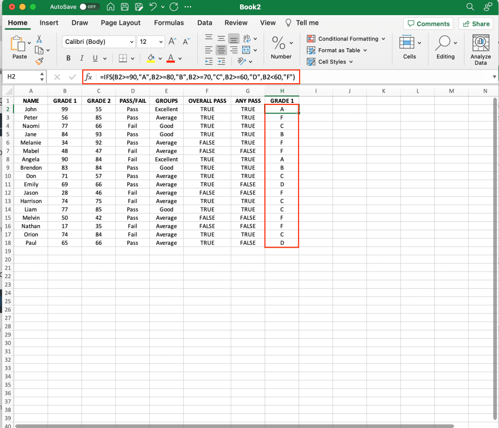 IFS function example in Excel