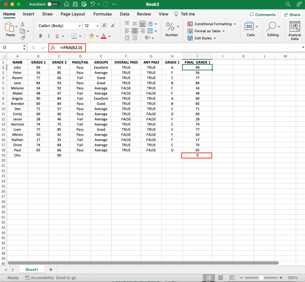 IFNA function example in Excel