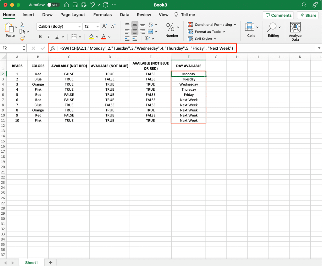 SWITCH function example in Excel