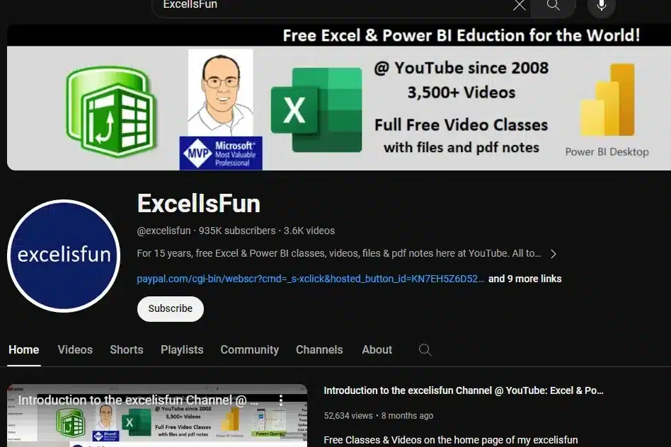 Free excel tutorials on YouTube