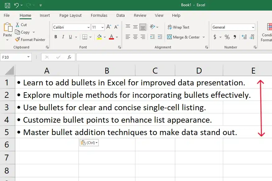 paste bullets into multiple cells in excel