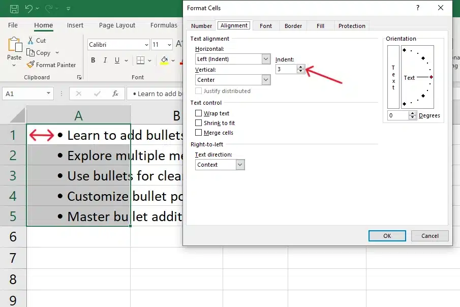 adjust the alignment of bullet points in excel