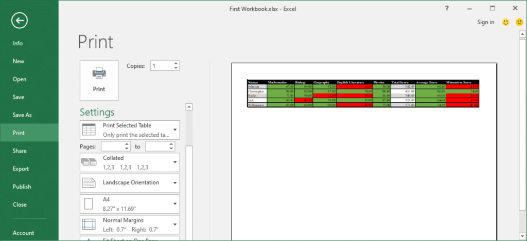 Printing page in excel