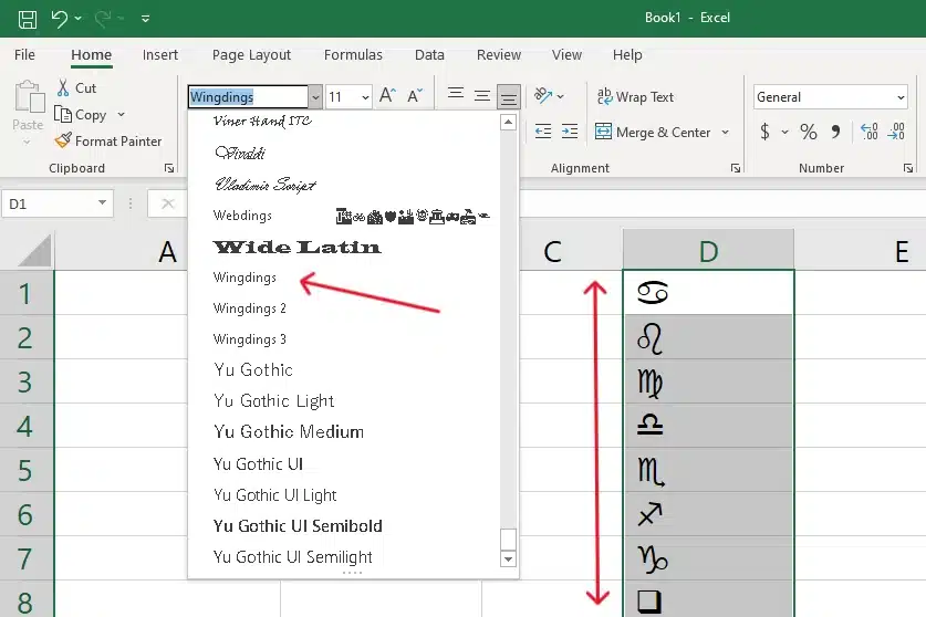 use special fonts to create bulleted list in excel
