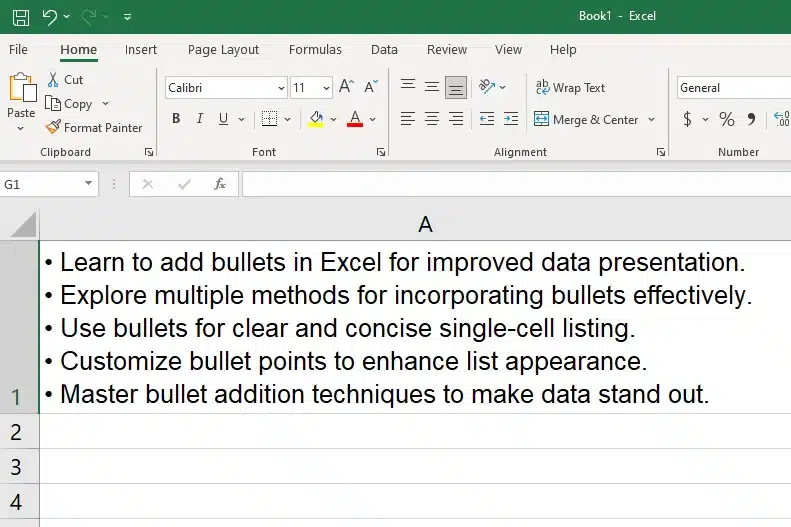 paste bullets into one cell in excel