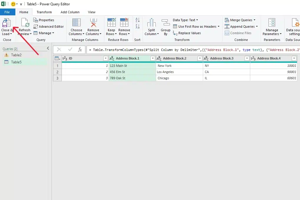 load the transformed data back into your excel after you convert text to columns