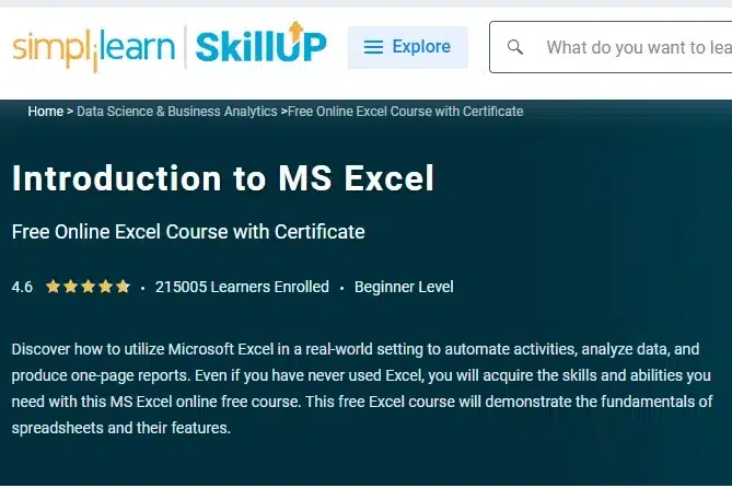 Introduction to MS excel free course by Simplilearn