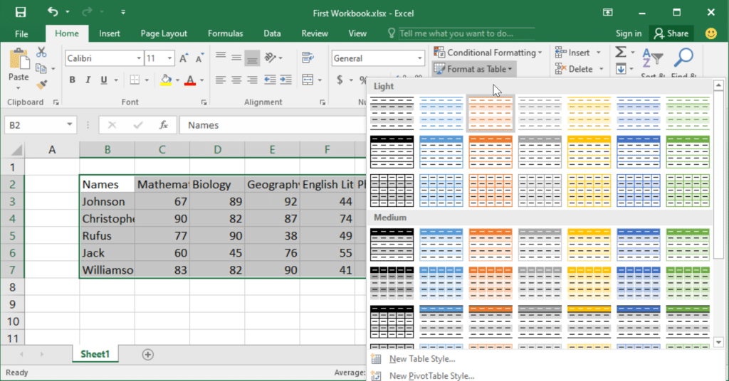 Creating an Excel Table