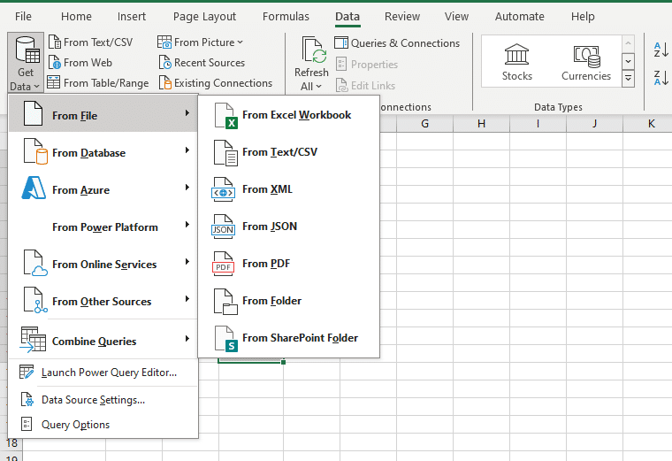 Data import in Excel