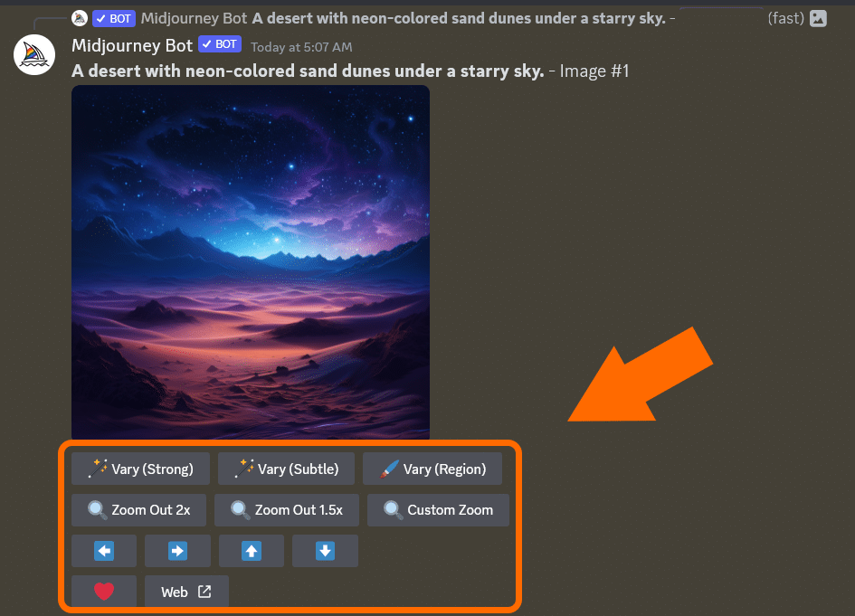 Options to vary and zoom in or out of your Midjourney image