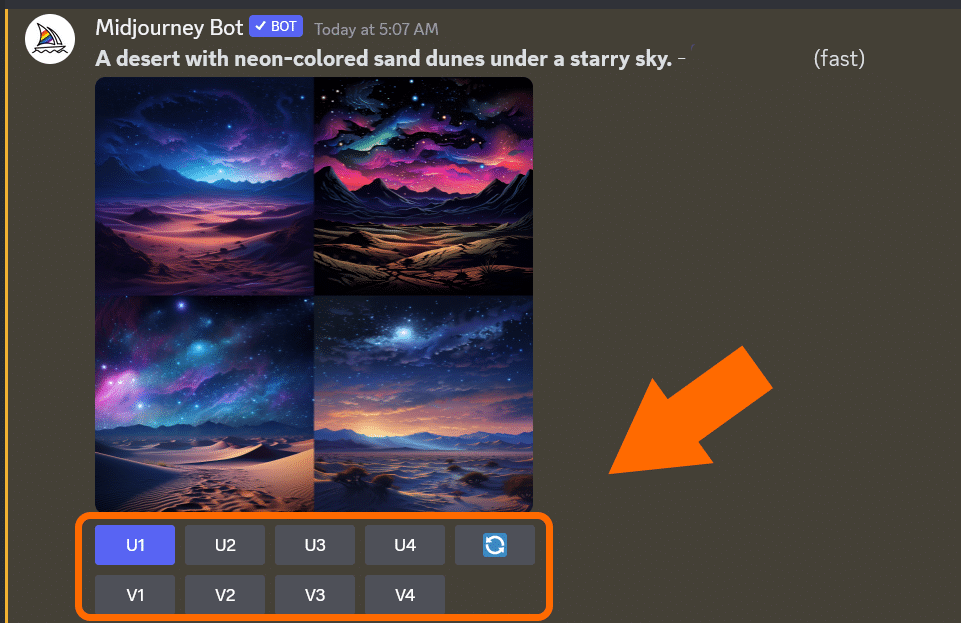 Buttons for upscaling and creating variations of Midjourney images