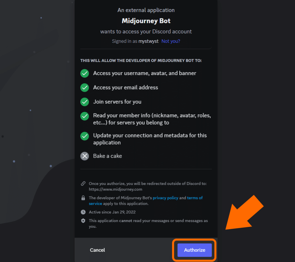 Authorize Midjourney to access your Discord account