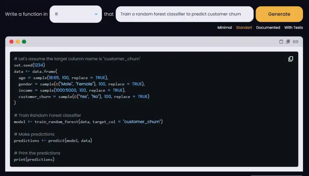 Generate r code to Train a random forest classifier to predict customer churn.