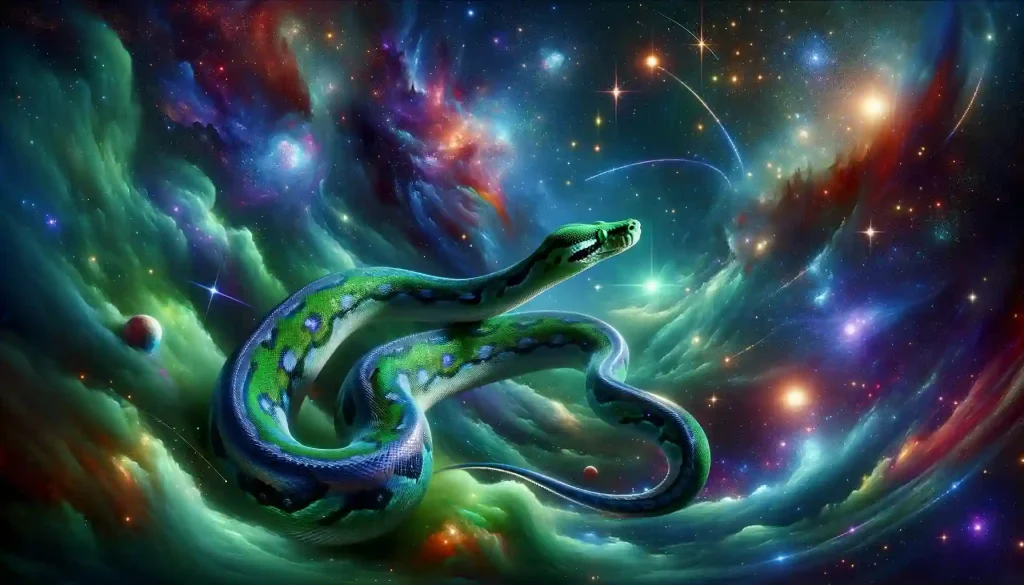 A snake floating in space looking forward to the future