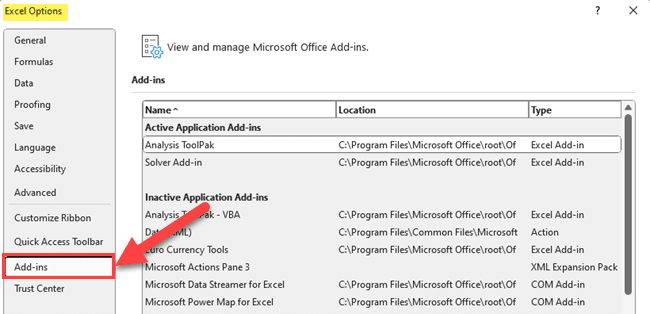 Add-ins - Excel Options