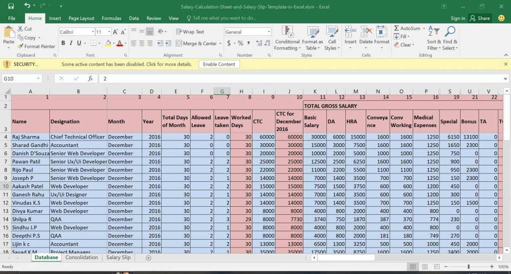 Employee data inside Microsoft Excel