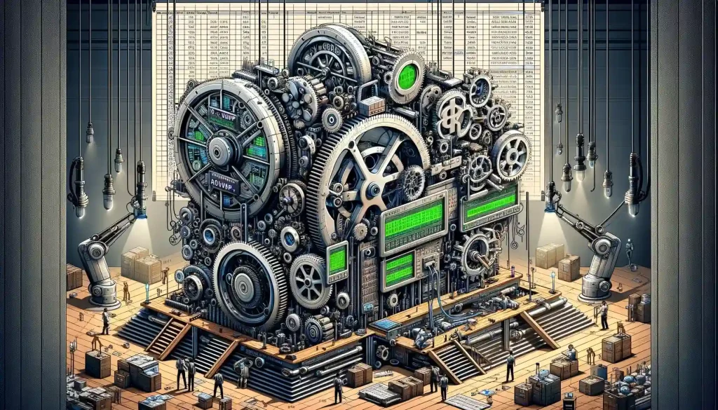 mechanics of vlookup represented with a big machine and cogs