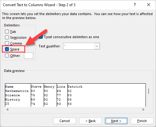 Select "Space" from the "Convert Text to Columns - Step 2 of 3