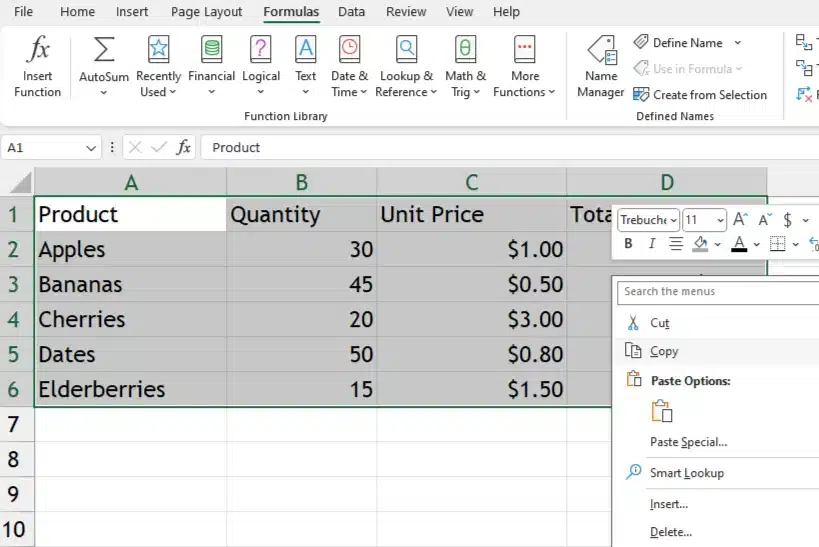 select the range in excel and copy