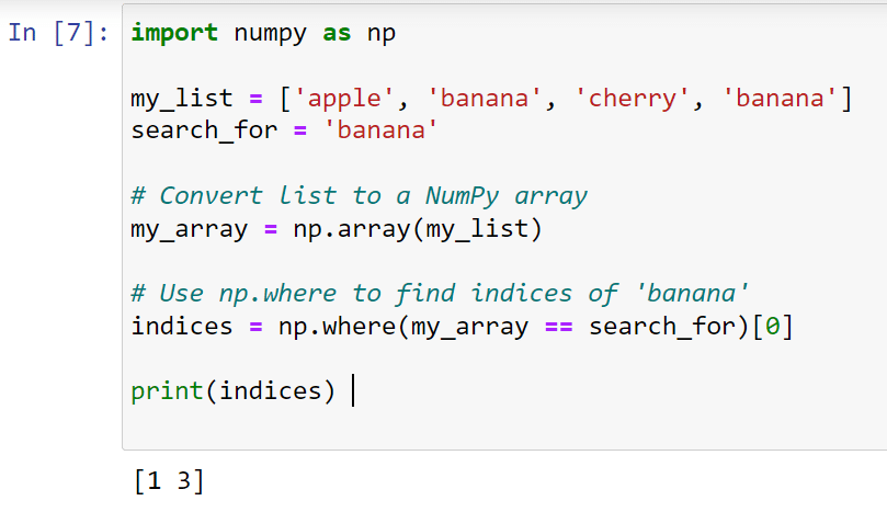 Finding List Element Index Using The Numpy Library
