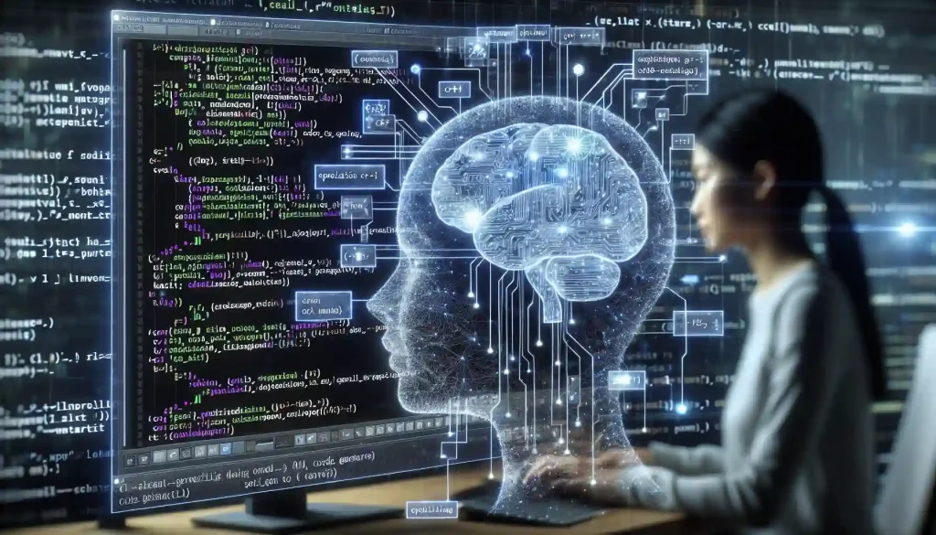 A person sitting behind a computer with a holographic brain.