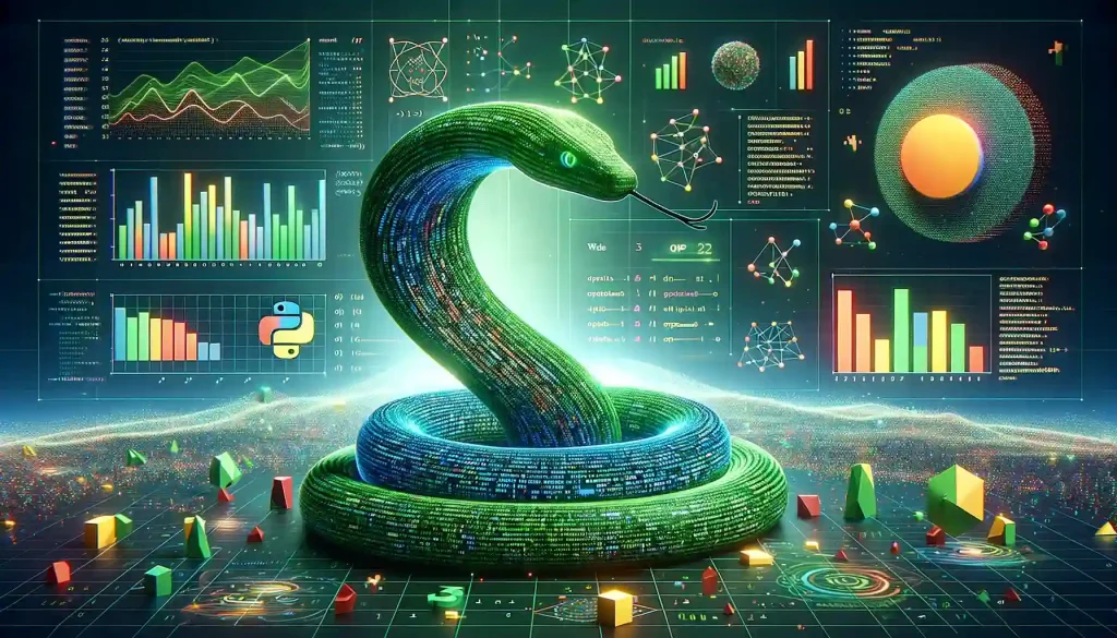 a snake surrounded by graphs and visualizations