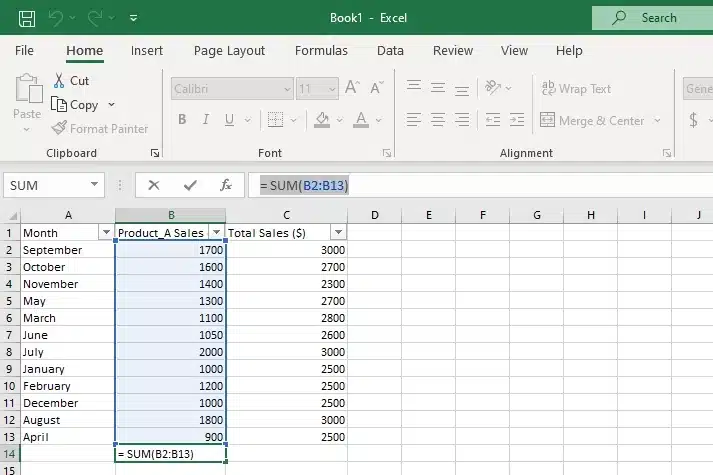 basic excel sum calculation to check total sales
