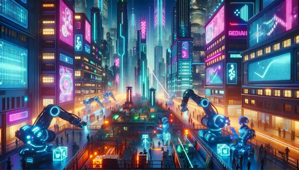 Robots building a cyberpunk-styled city.