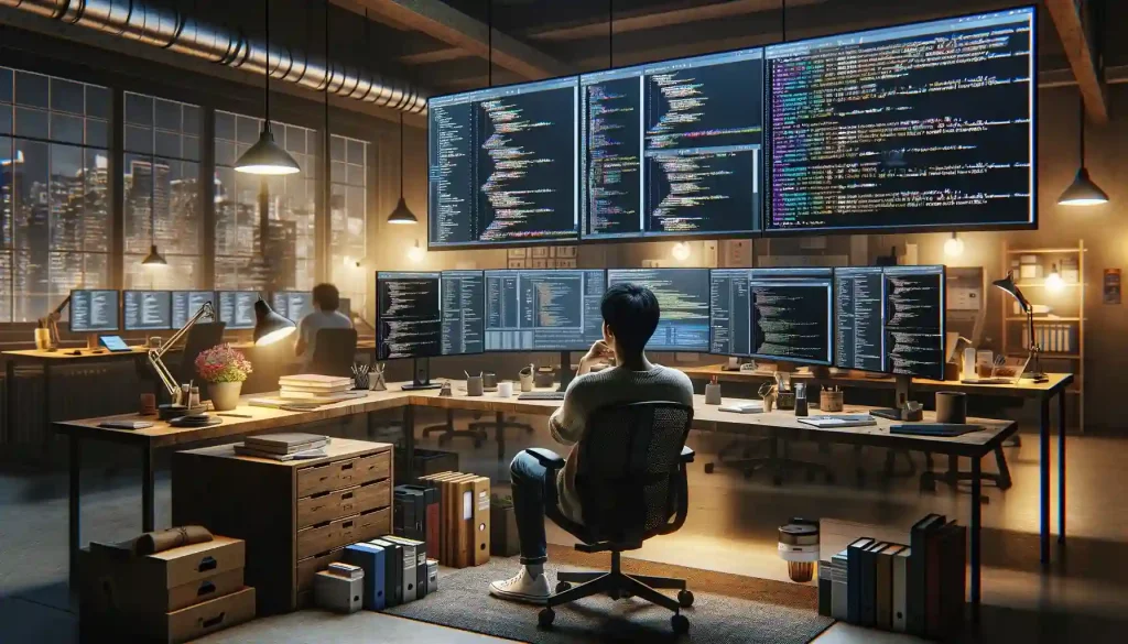 A man sitting behind multiple monitors writing code