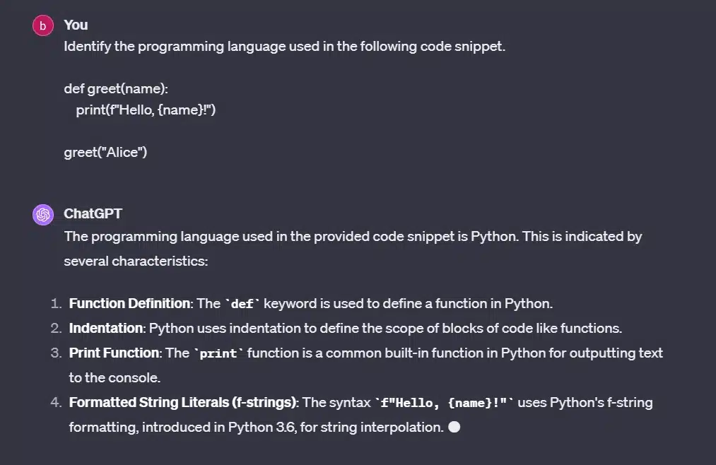 Chatgpt identifies that python was used by analzying the code.