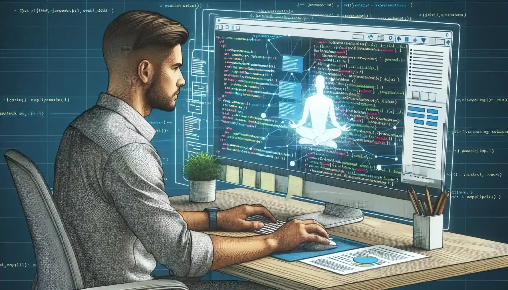 A man sitting behind a desk writing code