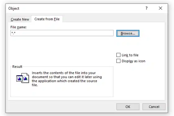 inset a whole excel document by selecting it in the dialgoue box