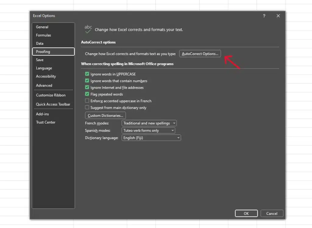 change the settings in the proofing settings