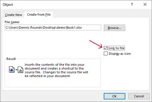 select the link to image option on the insert object dialogue