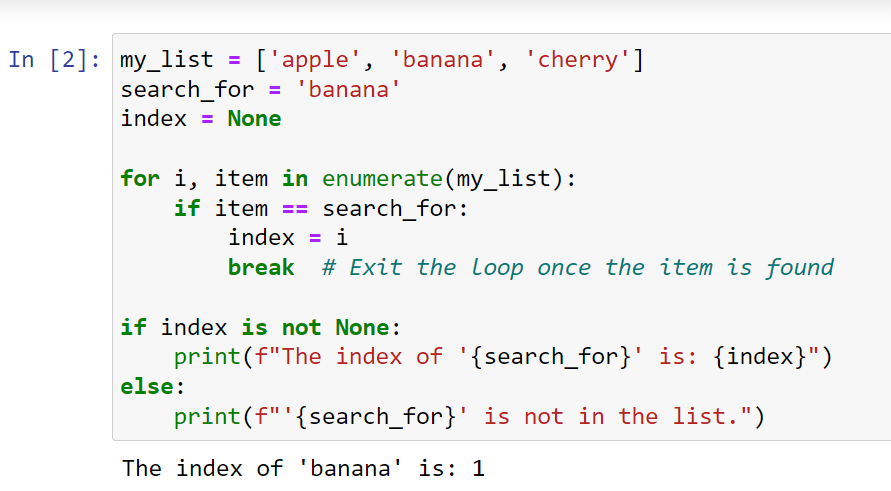 Using Loops to find list element index
