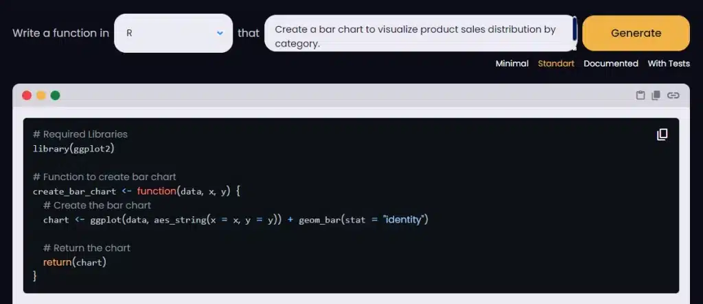 Generate r code to Create a bar chart to visualize product sales distribution by category