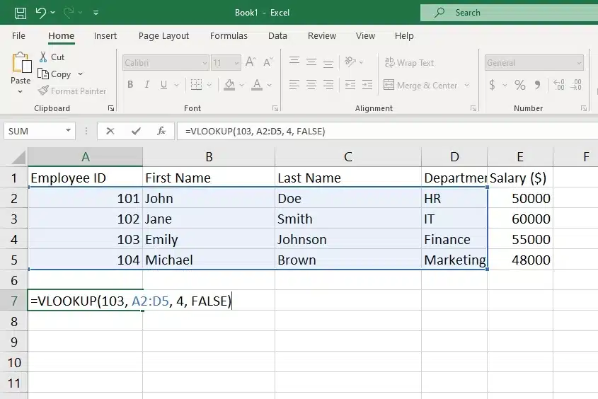 vlookup function being used to find department of specific employee