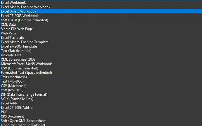 saving a file as an excel binary workbook