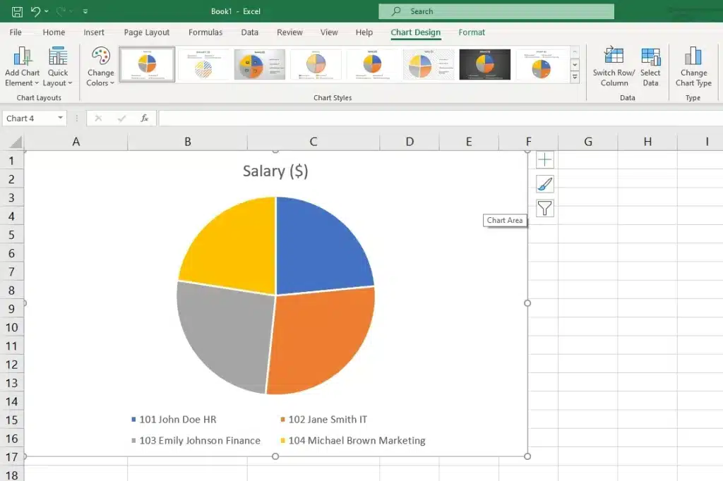 a pie chart in excel showing the salaries of people working at a company