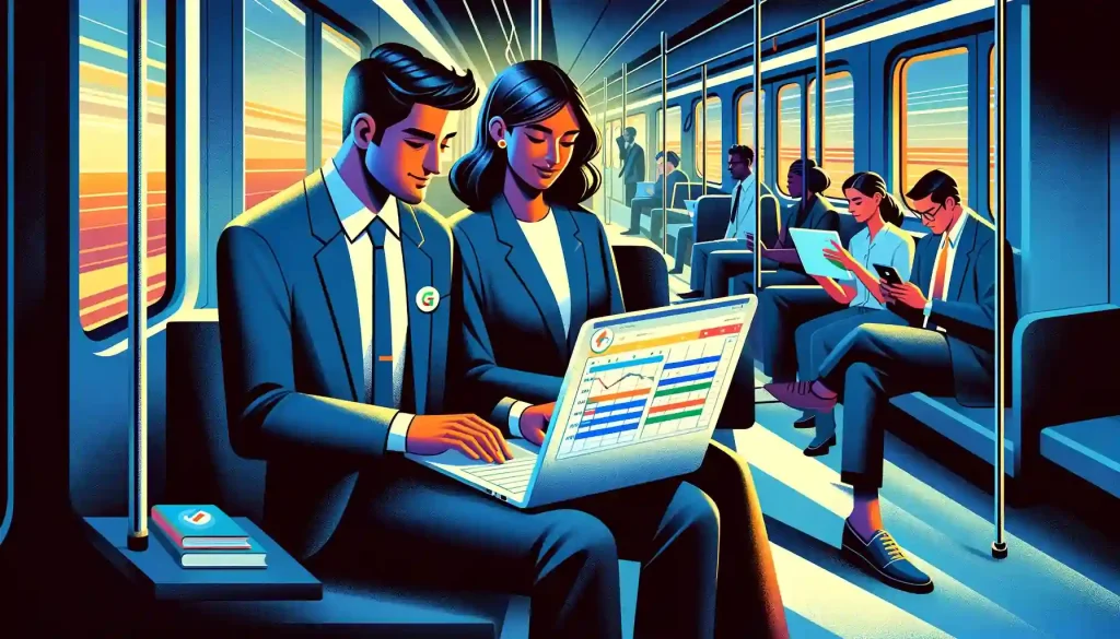 people on a train using their laptop offline to do some work