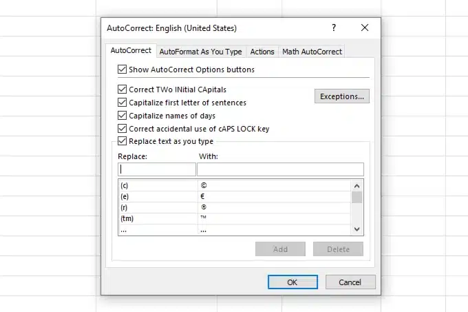 select custom autocorrect options in the dialogue box