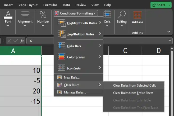 clear the selected rules to disable the conditional formatting