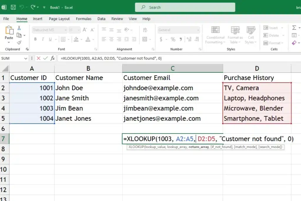 applying the xlookup formla for customer information retrieval